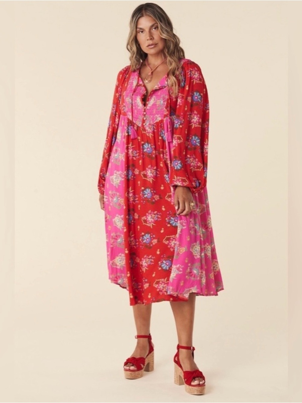 Spell Red & Pink Floral Midi Dress | Size Small - Picture 4 of 12